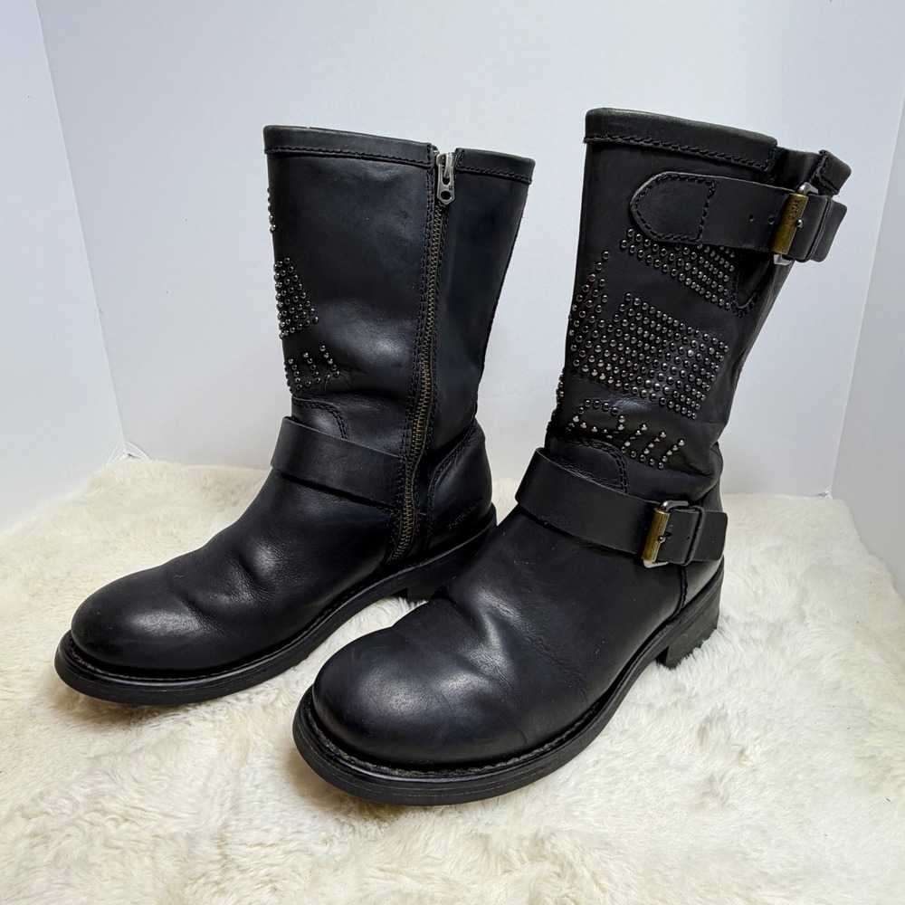G-Star RAW Labor Buckle Black Leather Studded Moto Boots Biker Goth Punk SZ 6